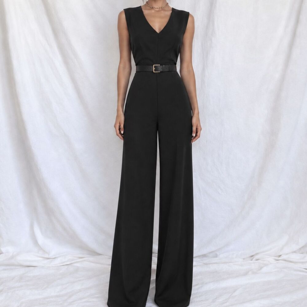 Vintage Y2K 90s Black Sleeveless V-Neck Straight Leg Waist Tie Jumpsuit Size M/L